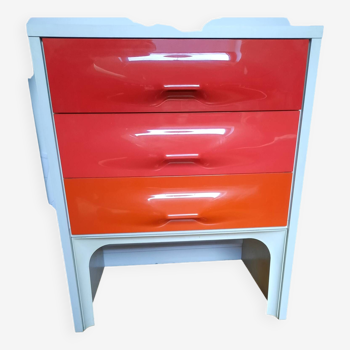 DF2000 bedside table with two drawers coral red orange Raymond Loewy