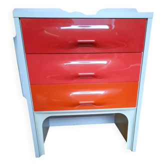 DF2000 bedside table with two drawers coral red orange Raymond Loewy