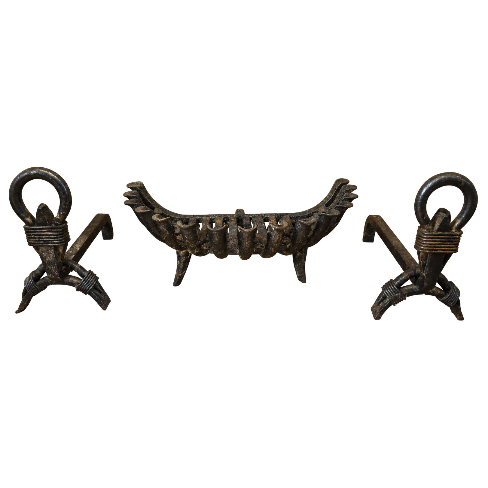 Important wrought iron fireplace accessories – Andirons and log basket