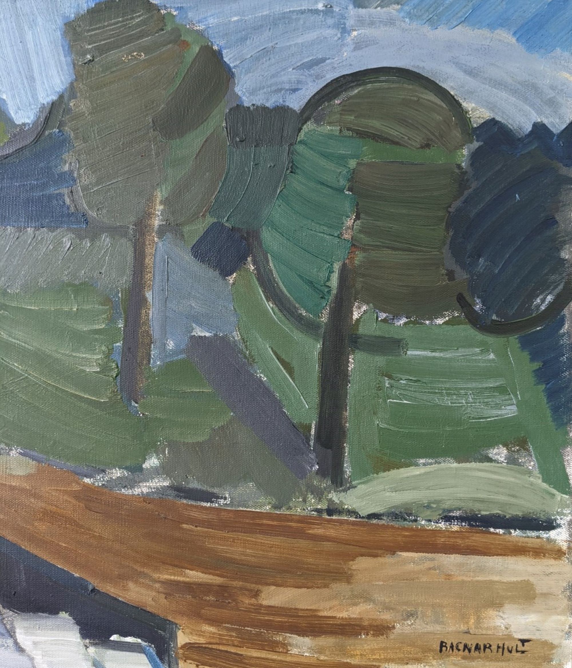 Mid-Century Modern Swedish Oil Painting "Green Park" Vintage Framed Landscape