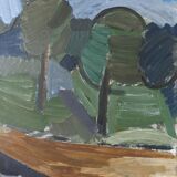 Mid-Century Modern Swedish Oil Painting "Green Park" Vintage Framed Landscape