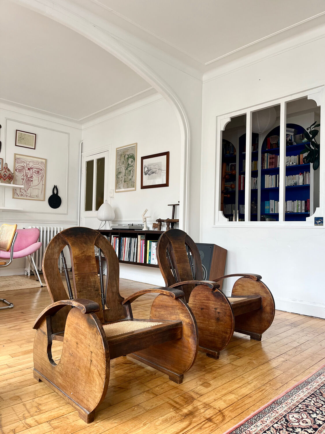 Pair of Art Deco armchairs in wood and cane.