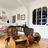 Pair of Art Deco armchairs in wood and cane.