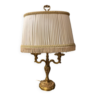 Lampe bronze Années 60 style Louis XV/rocaille avec Abat-Jour d’origine plissé