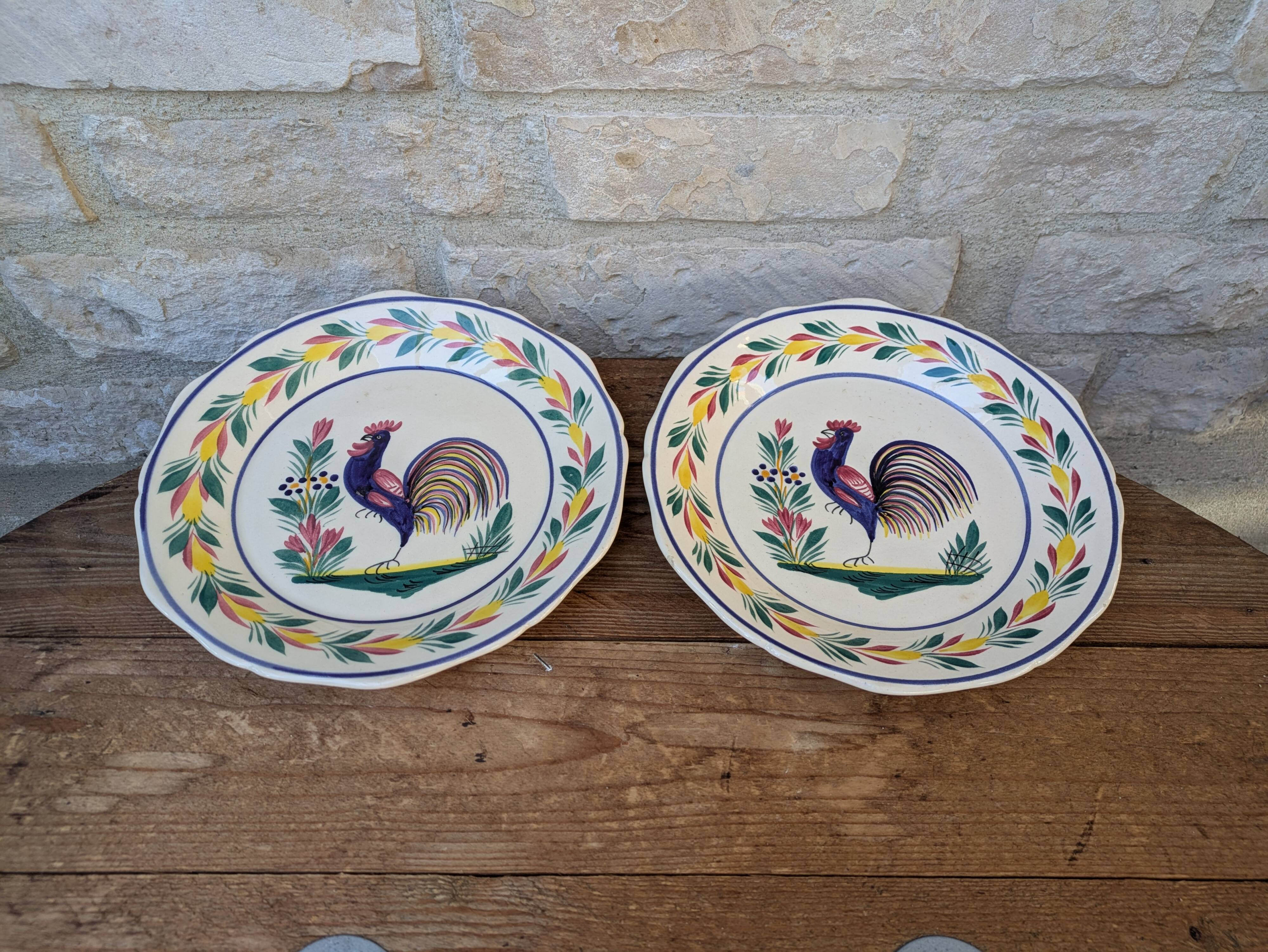 Set of 2 old HB Henriot Quimper plates with rooster motif