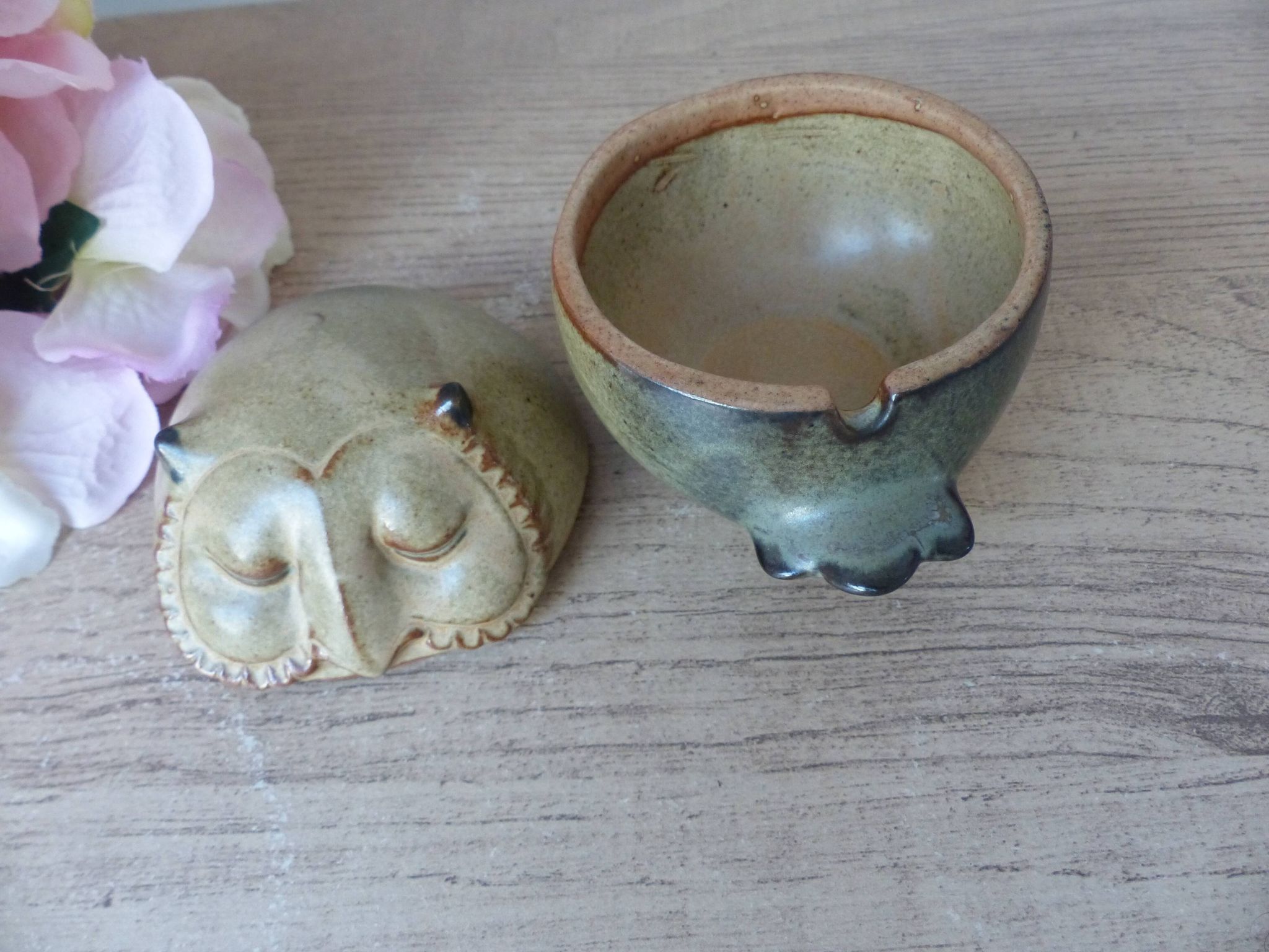 Vintage Japanese pottery owl sugar bowl 1970, zoomorphic owl sugar box