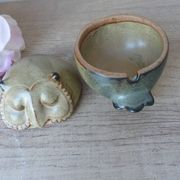 Vintage Japanese pottery owl sugar bowl 1970, zoomorphic owl sugar box
