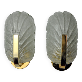 Paire d'appliques feuilles givrées, verre murano, italie, 1970