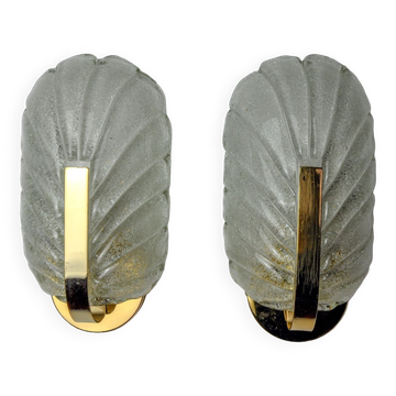 Paire d'appliques feuilles givrées, verre murano, italie, 1970