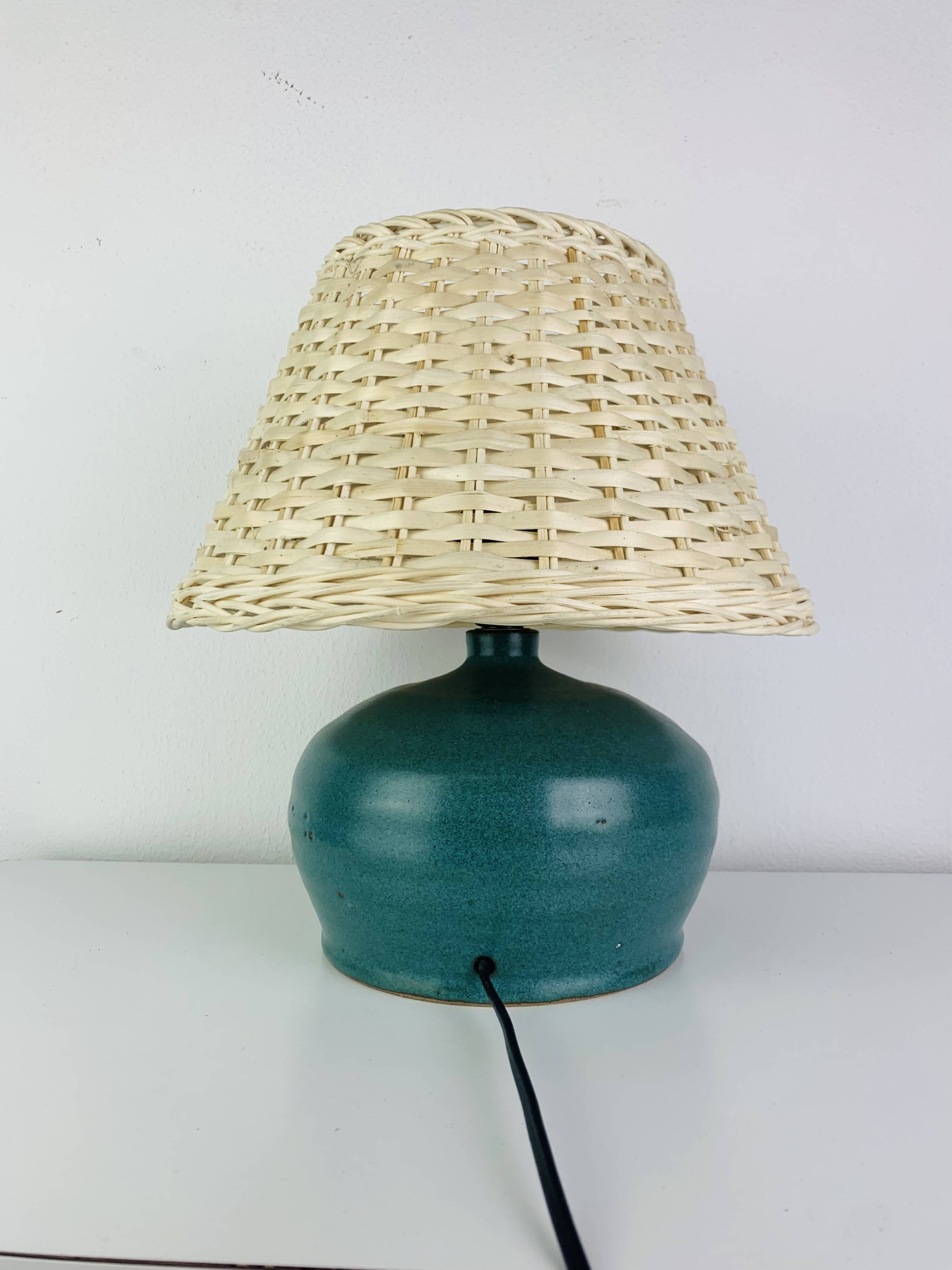 Ceramic green/blue globe lamp, rattan shade, vintage