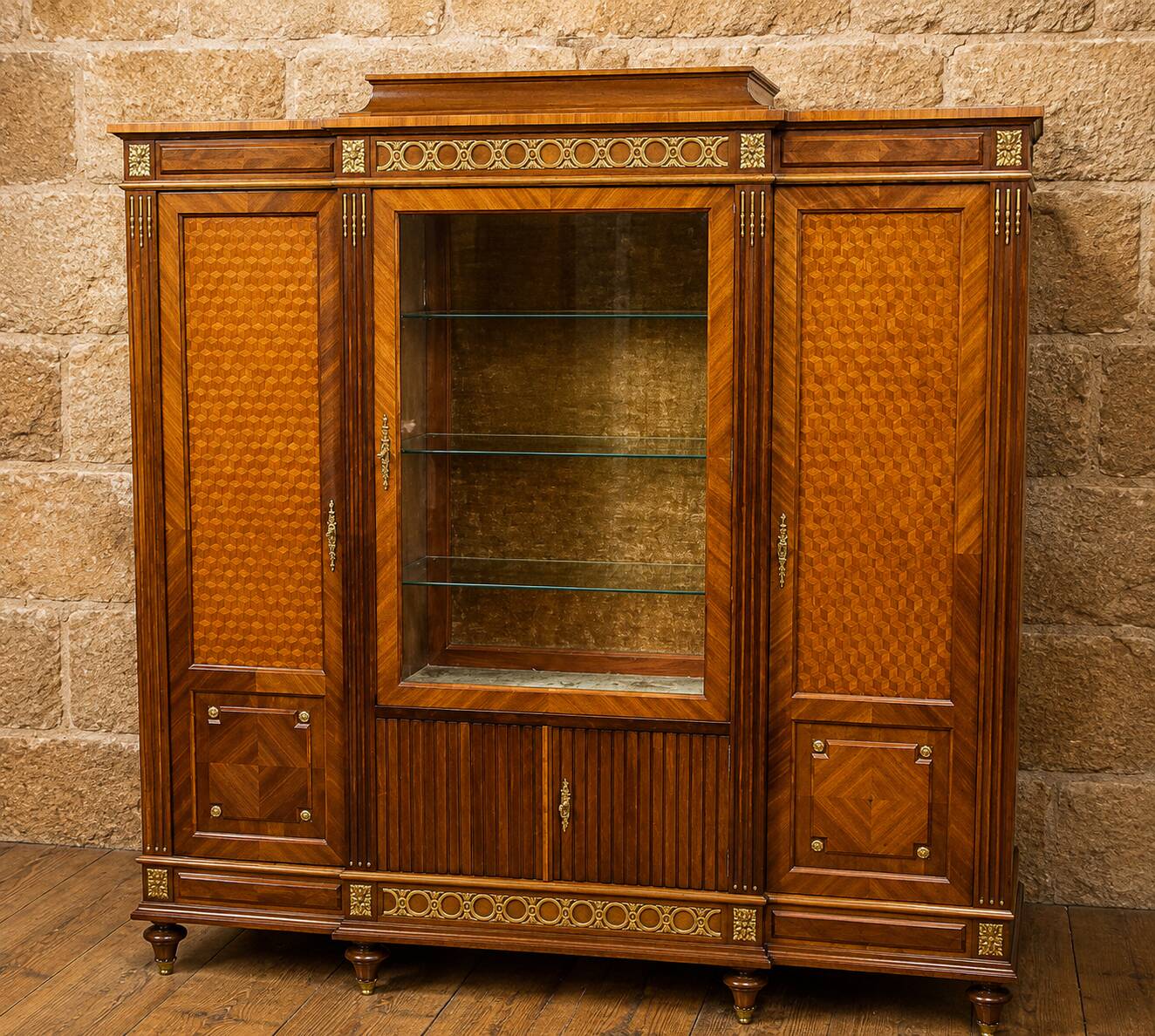 Important showcase library in fine wood and marquetry, stamped.