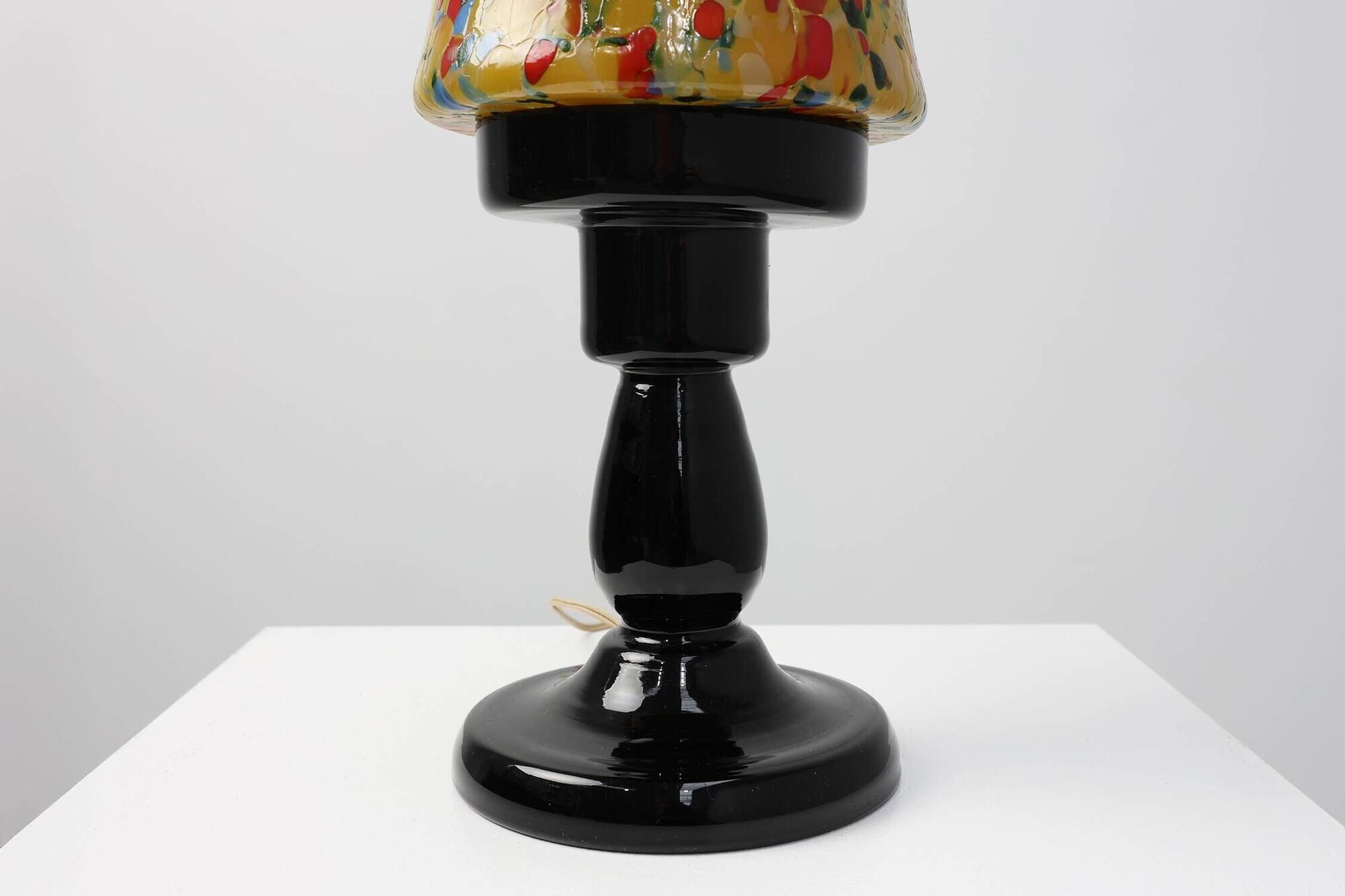 French Art Deco Table Lamp with Multicolored Spatter Glass Shade and Black