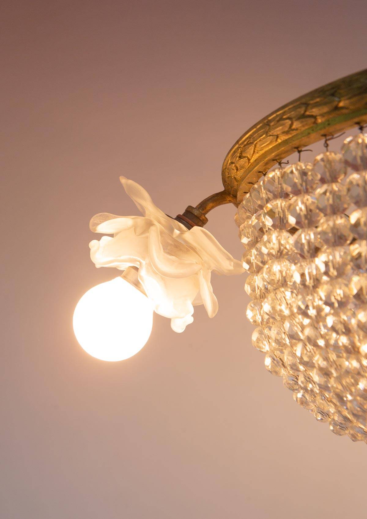 Old bronze ceiling light and 3 tulip flowers