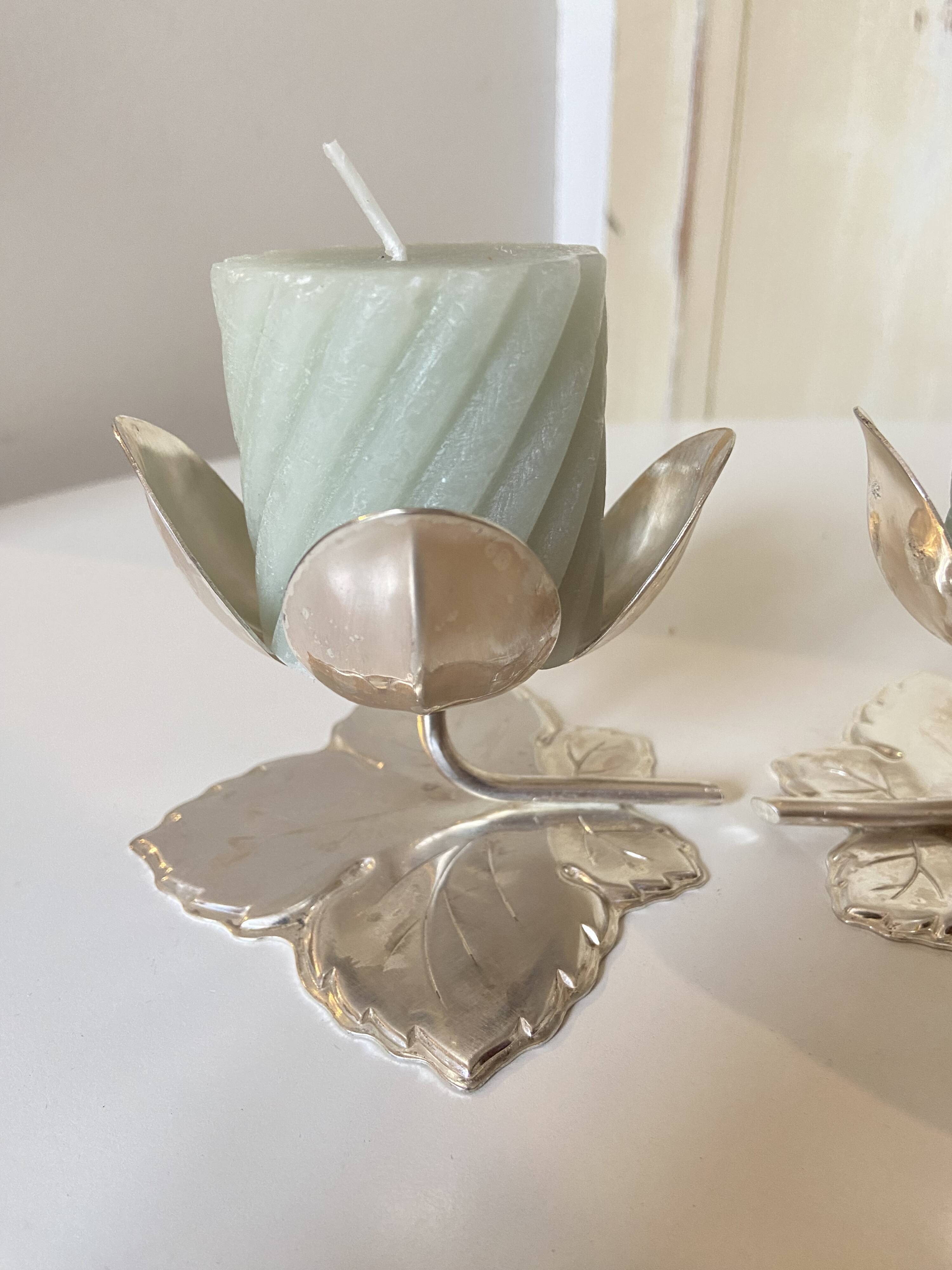 Set of 2 Silver Candle Holders - Tulip Shape on Vine Leaf