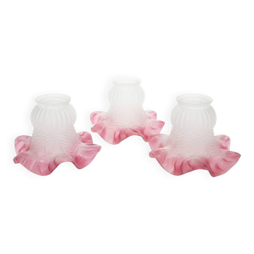 Set of three frosted blown glass tulip lampshades, Art Nouveau
