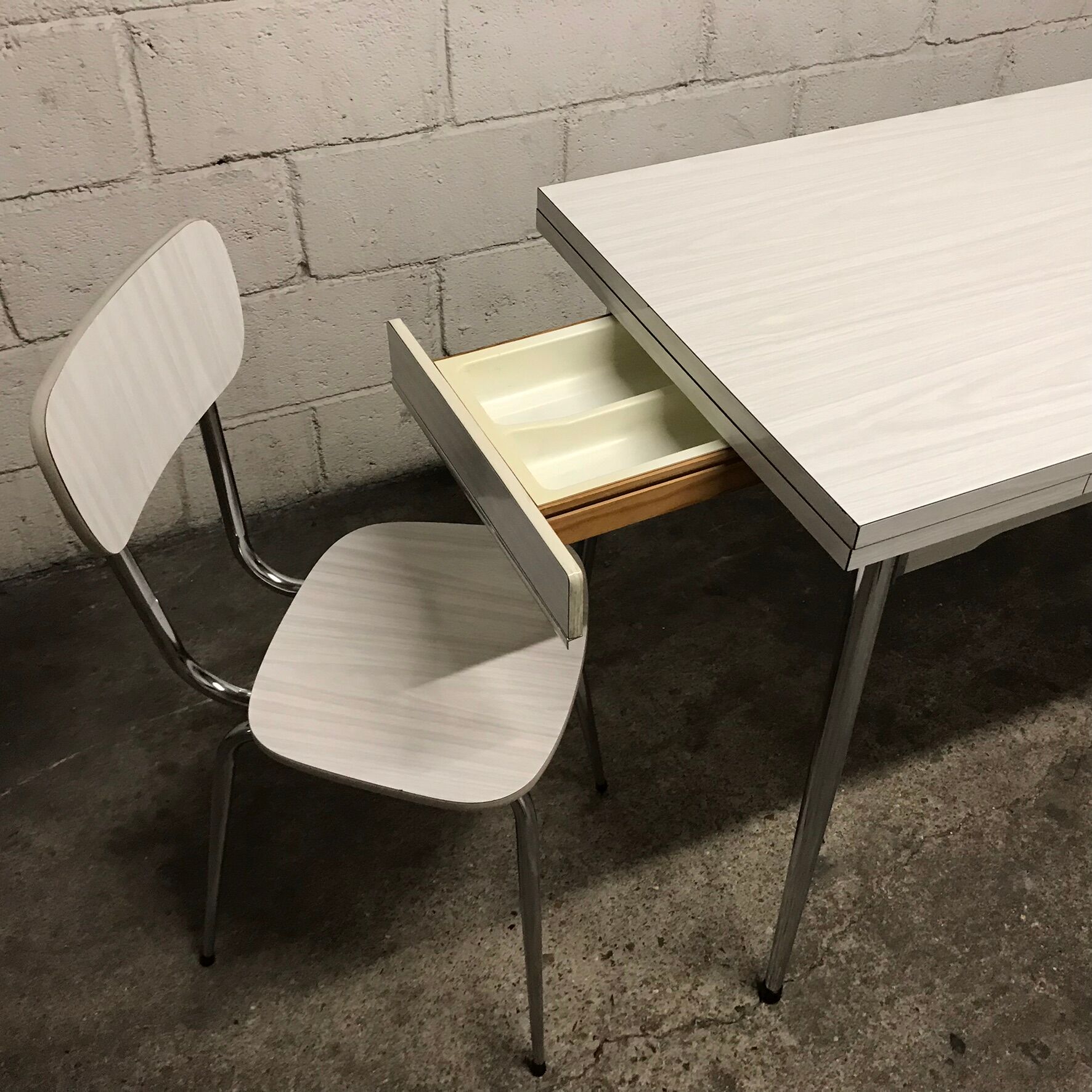 Gray strillee white formica table with 2 chairs 60s