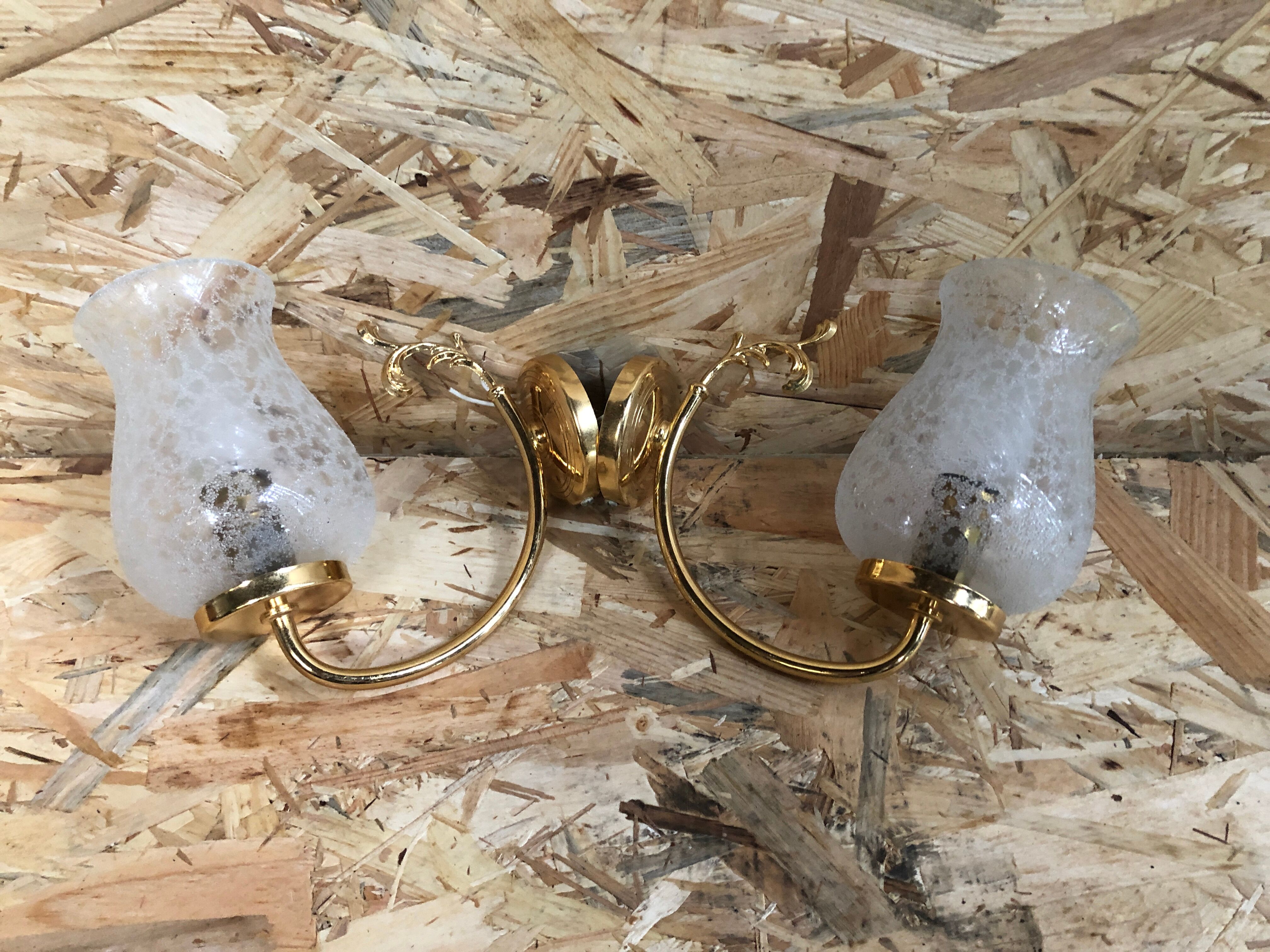 Old Pair Wall Lamp Golden Metal + Reflector Molded Glass 70s Vintage