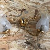 Old Pair Wall Lamp Golden Metal + Reflector Molded Glass 70s Vintage