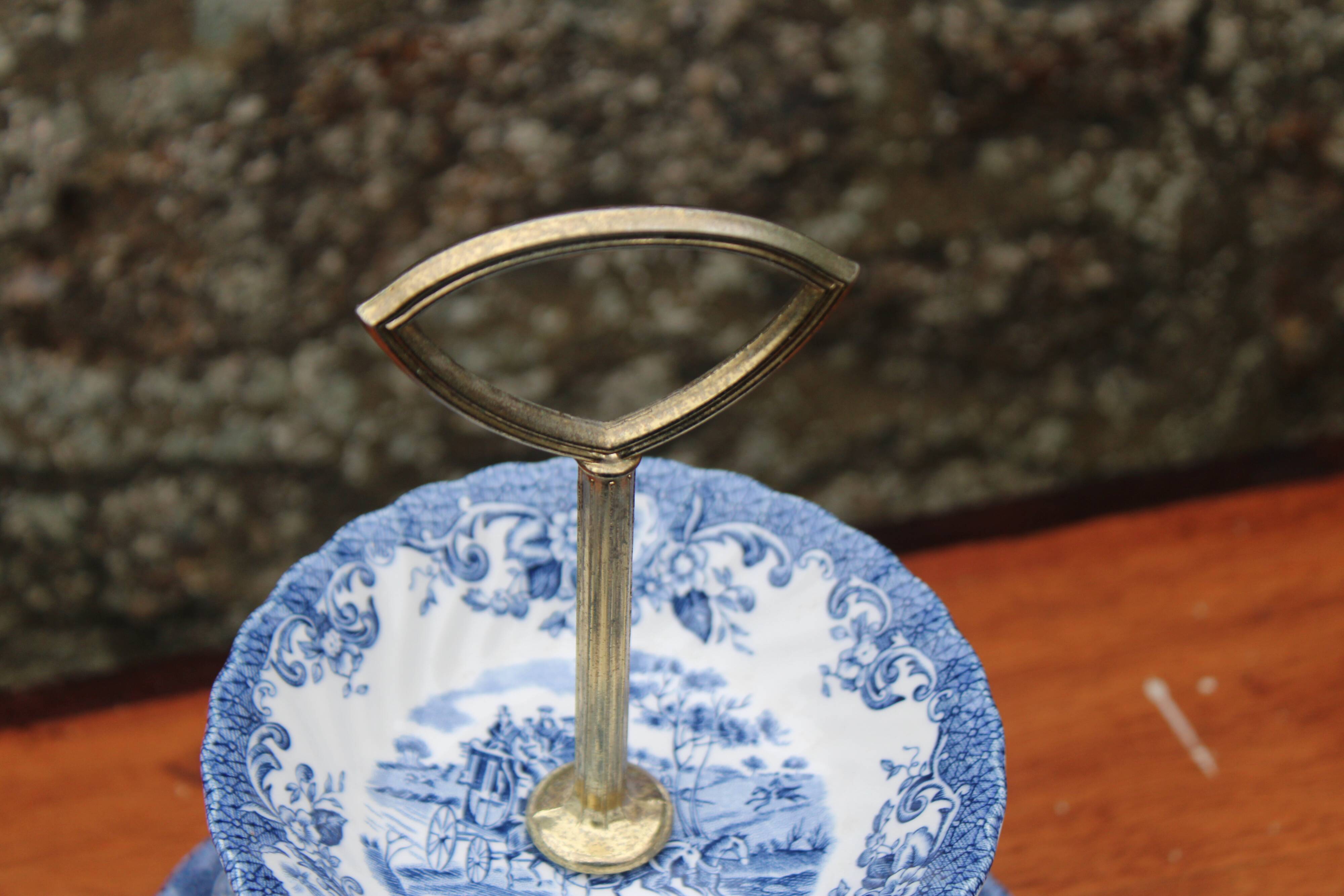 Johnson Bros. Two-Tier Serving Dish – “Coaching Scenes” – Blue English Earthenware