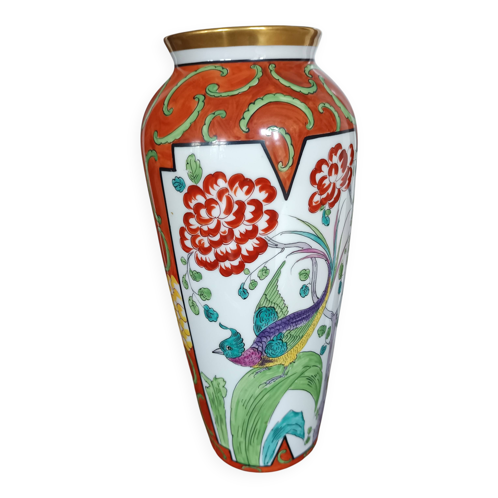 Jean Boyer porcelain vase with floral and vegetal decoration and bird of paradise