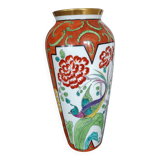 Jean Boyer porcelain vase with floral and vegetal decoration and bird of paradise
