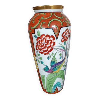 Jean Boyer porcelain vase with floral and vegetal decoration and bird of paradise