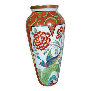 Jean Boyer porcelain vase with floral and vegetal decoration and bird of paradise