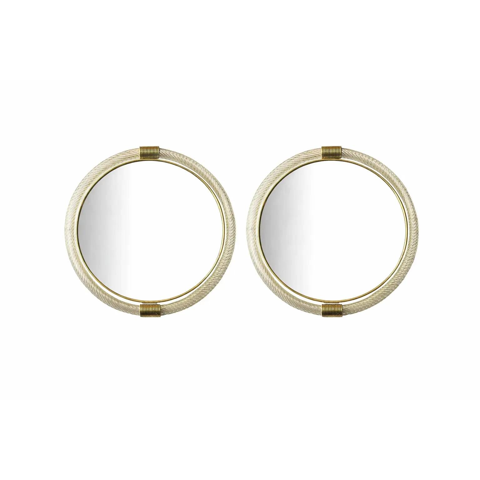 Pair of Venetian “Torciglione” Murano Glass Wall Mirrors with Gold Leaf Detail