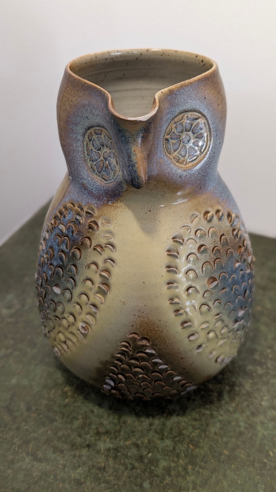 Glazed stoneware pitcher signed JM – Jean-Marie Delahaye – Relief decoration