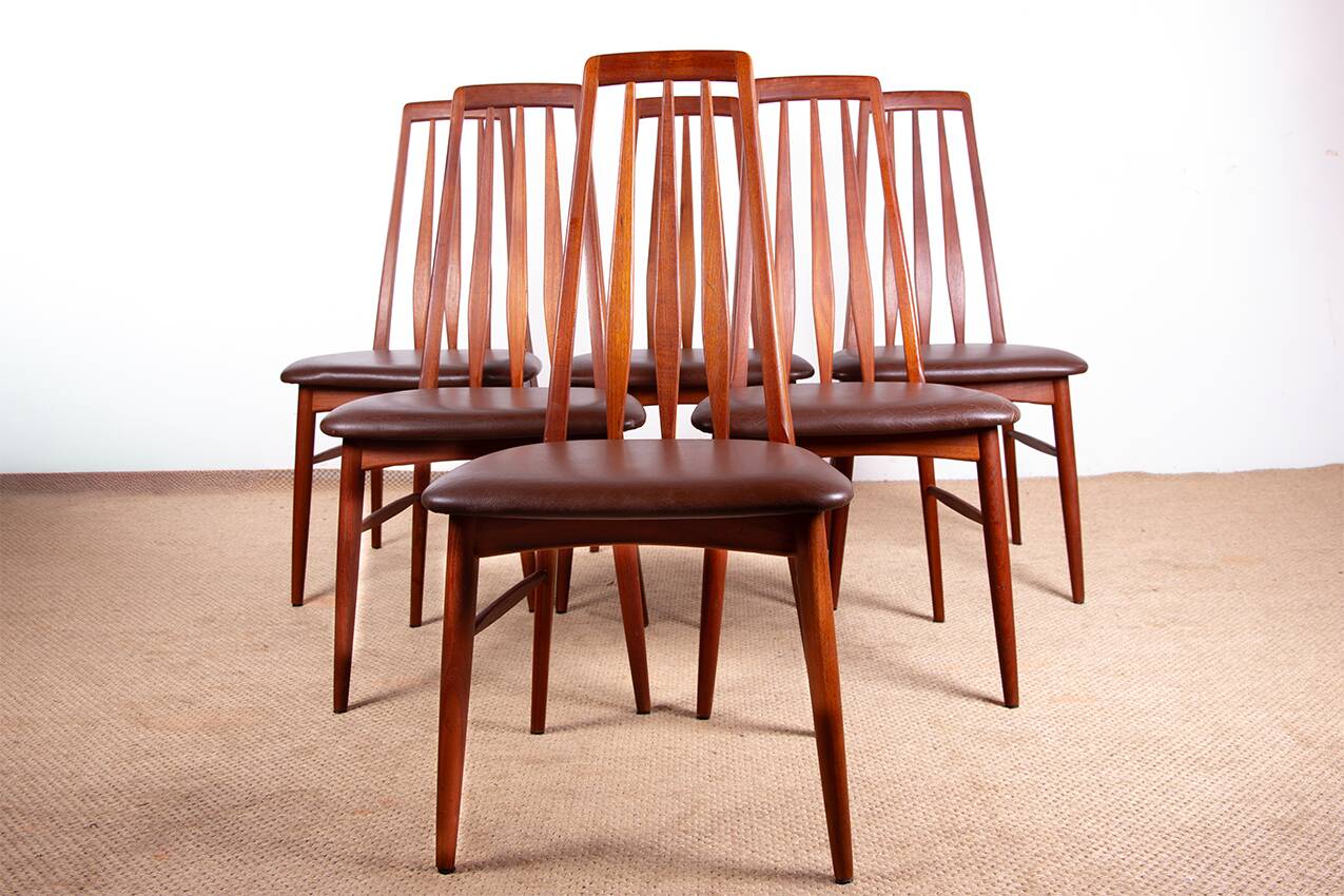 6 Danish chairs in teak and new leather, model "Eva" by Niels Koefoed.