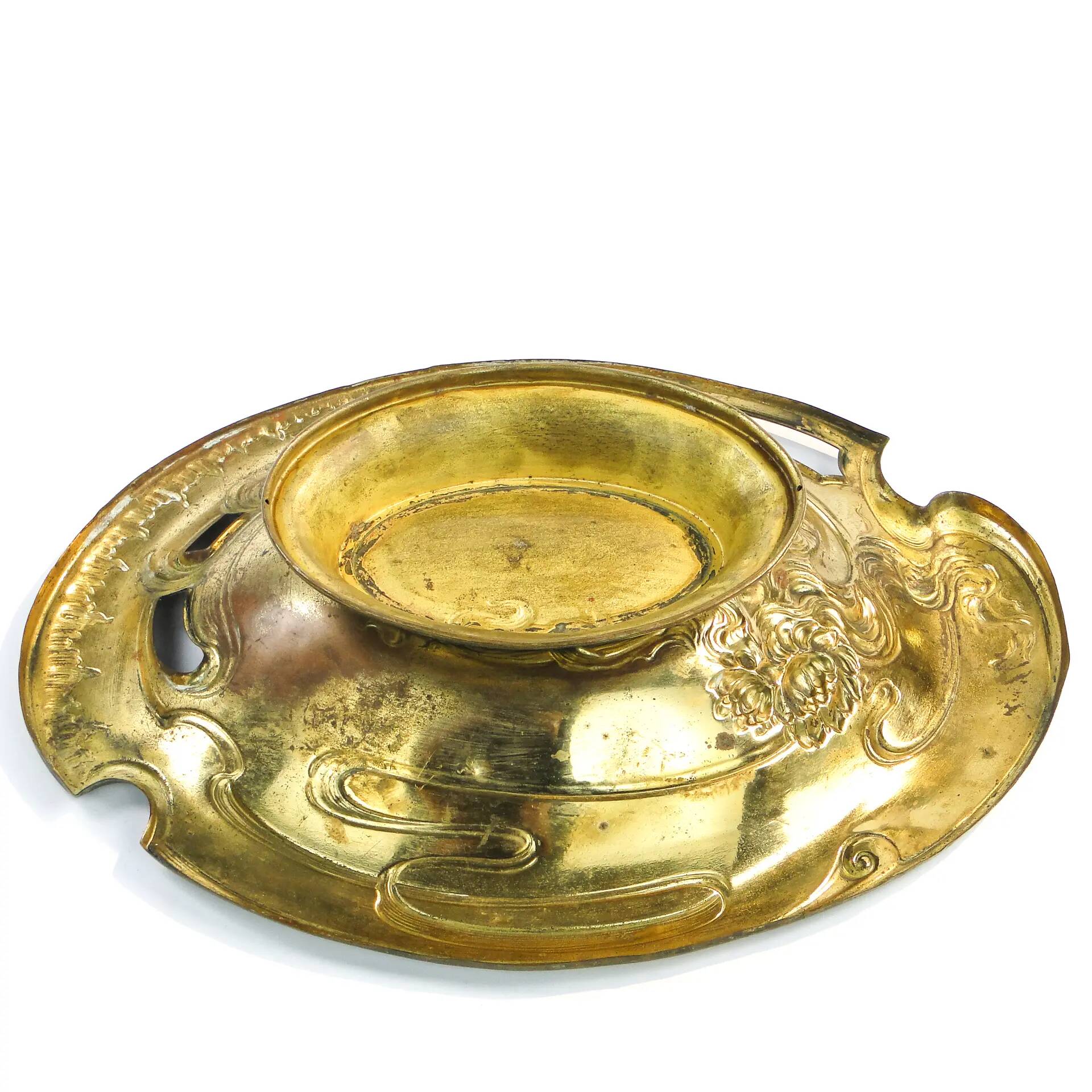Art Nouveau platter, gilded brass, Zolberg Brothers, Poland, 19th century