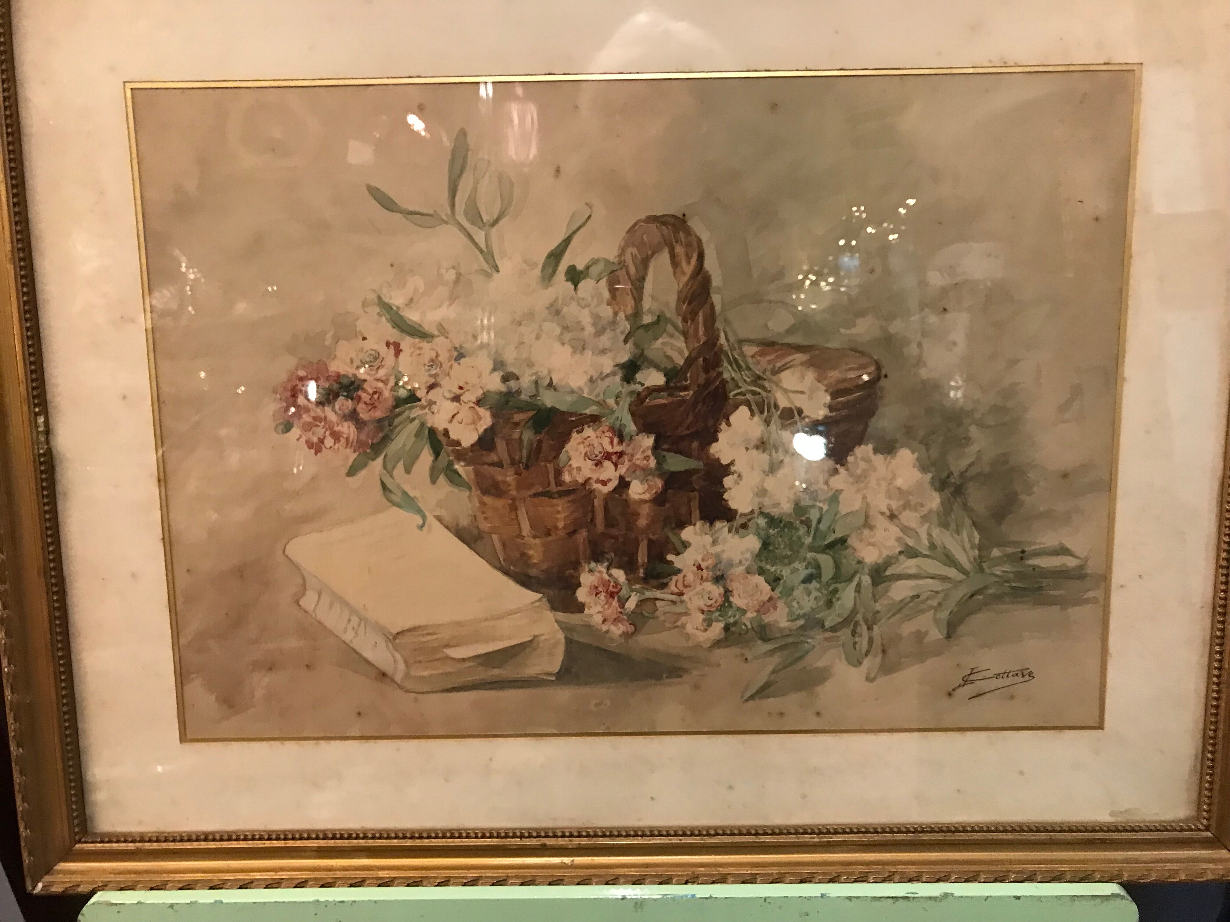 Basket of flowers watercolor painting - still life signed jeanne fabre cottave early twentieth