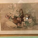 Basket of flowers watercolor painting - still life signed jeanne fabre cottave early twentieth