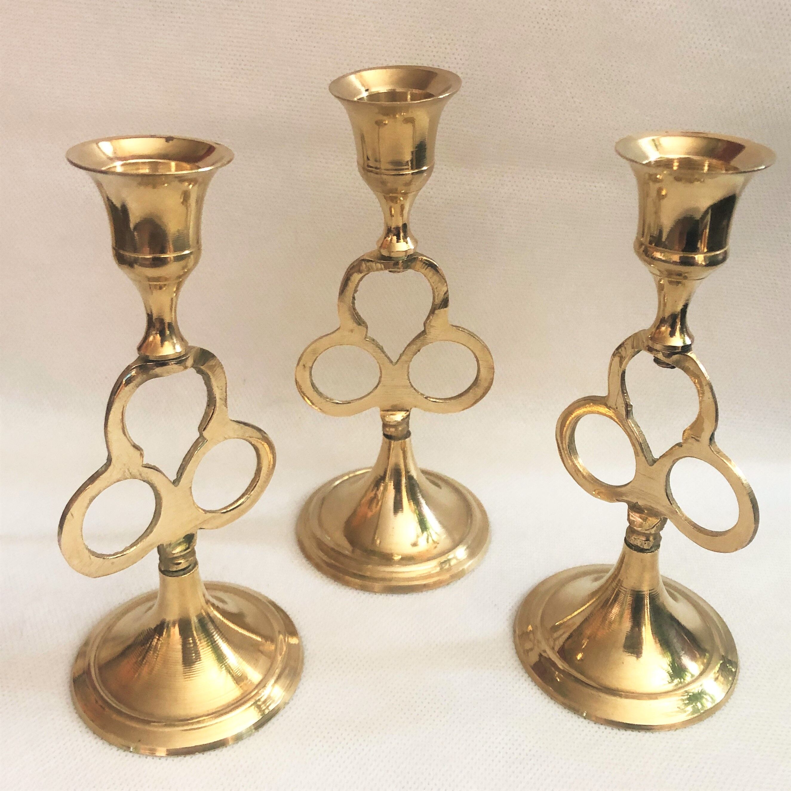 Trio of golden brass candle holder INDIA vintage