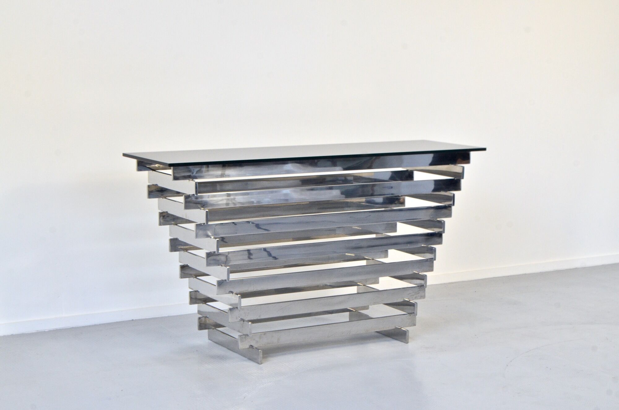 Italian stacked chrome and tinted glass console 1970