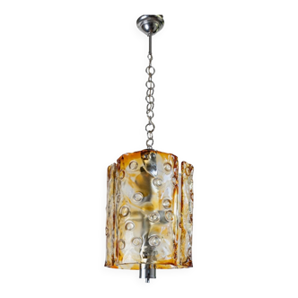 Large Vintage Murano Glass Ceiling Lamp by Toni Zuccheri for Mazzega, Clear & Amber Glass with Chrome, Italy 1970s