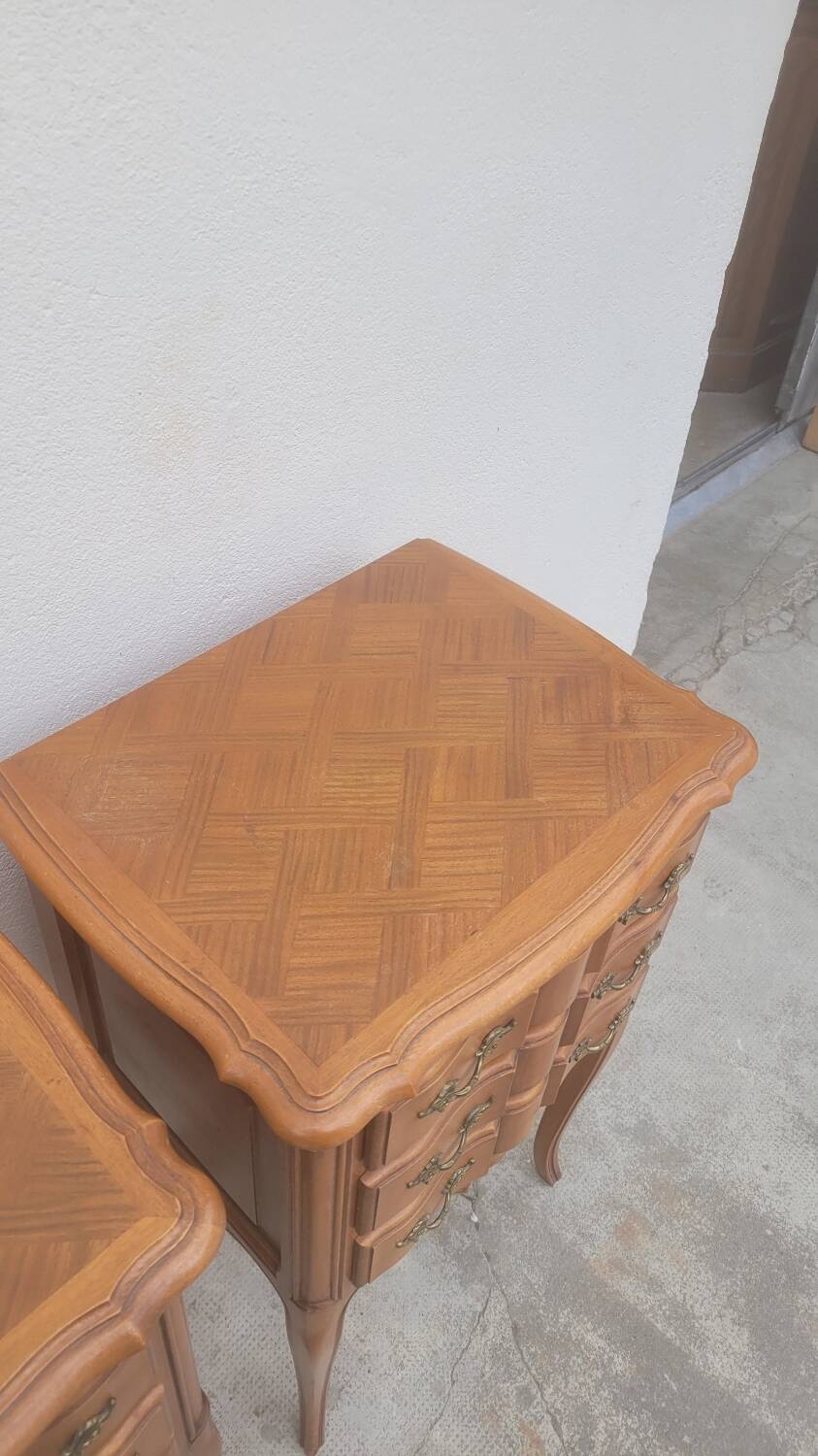 Pair of Louis xv style bedside tables in cherry wood, 3 drawers