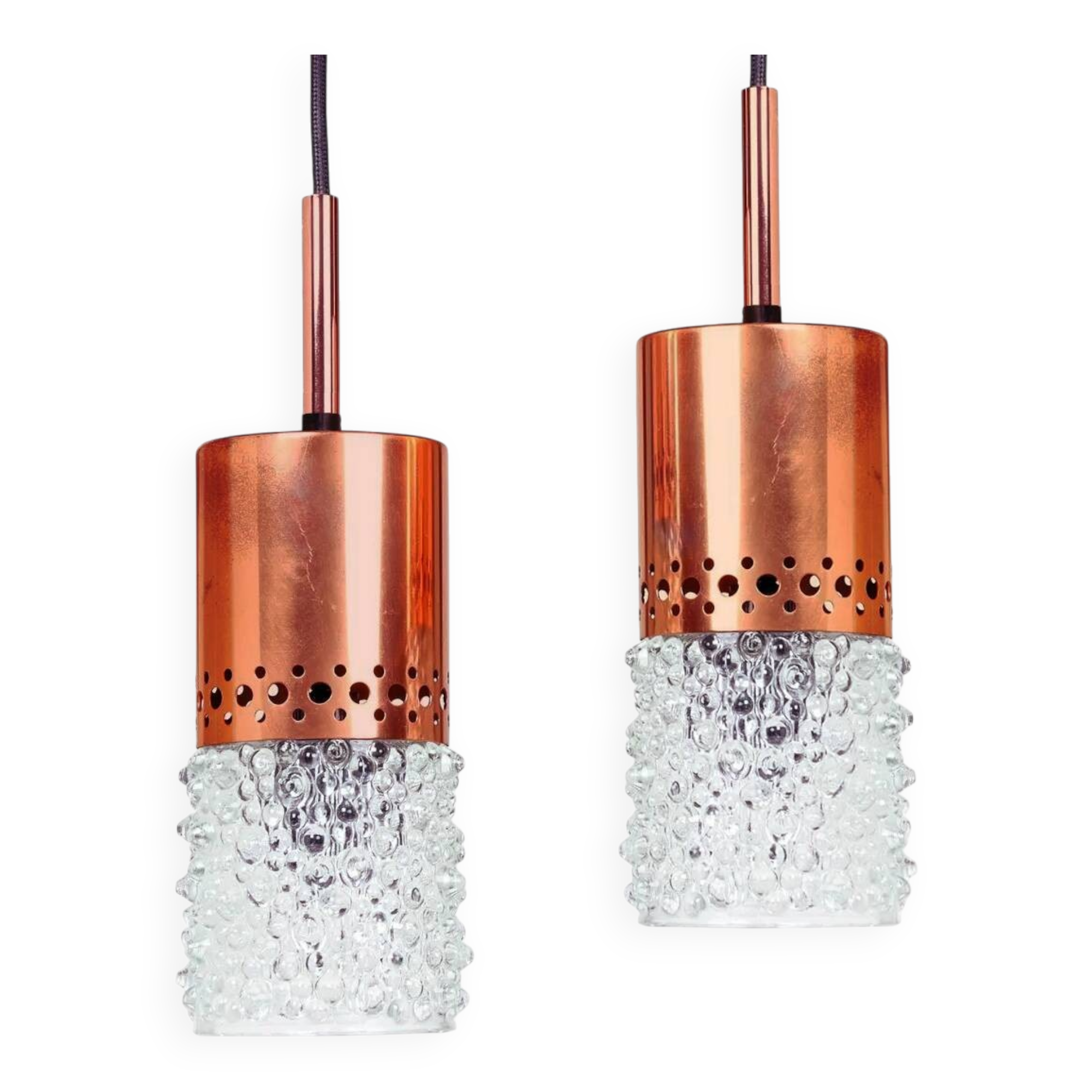 Pair of copper and bubble glass pendant lights by VEB NARVA Leuchten, year