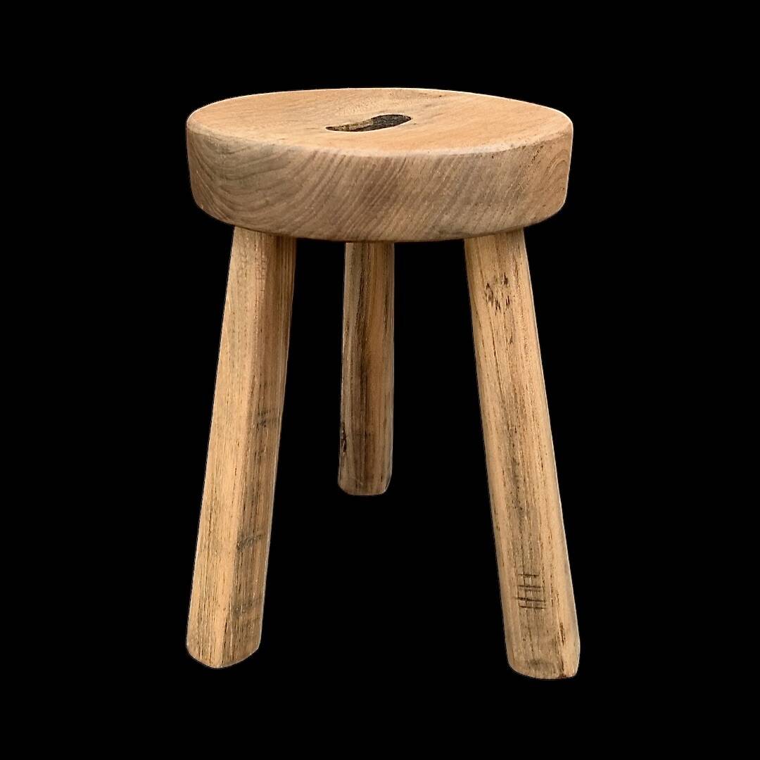 Antique brutalist tripod stool in solid wood