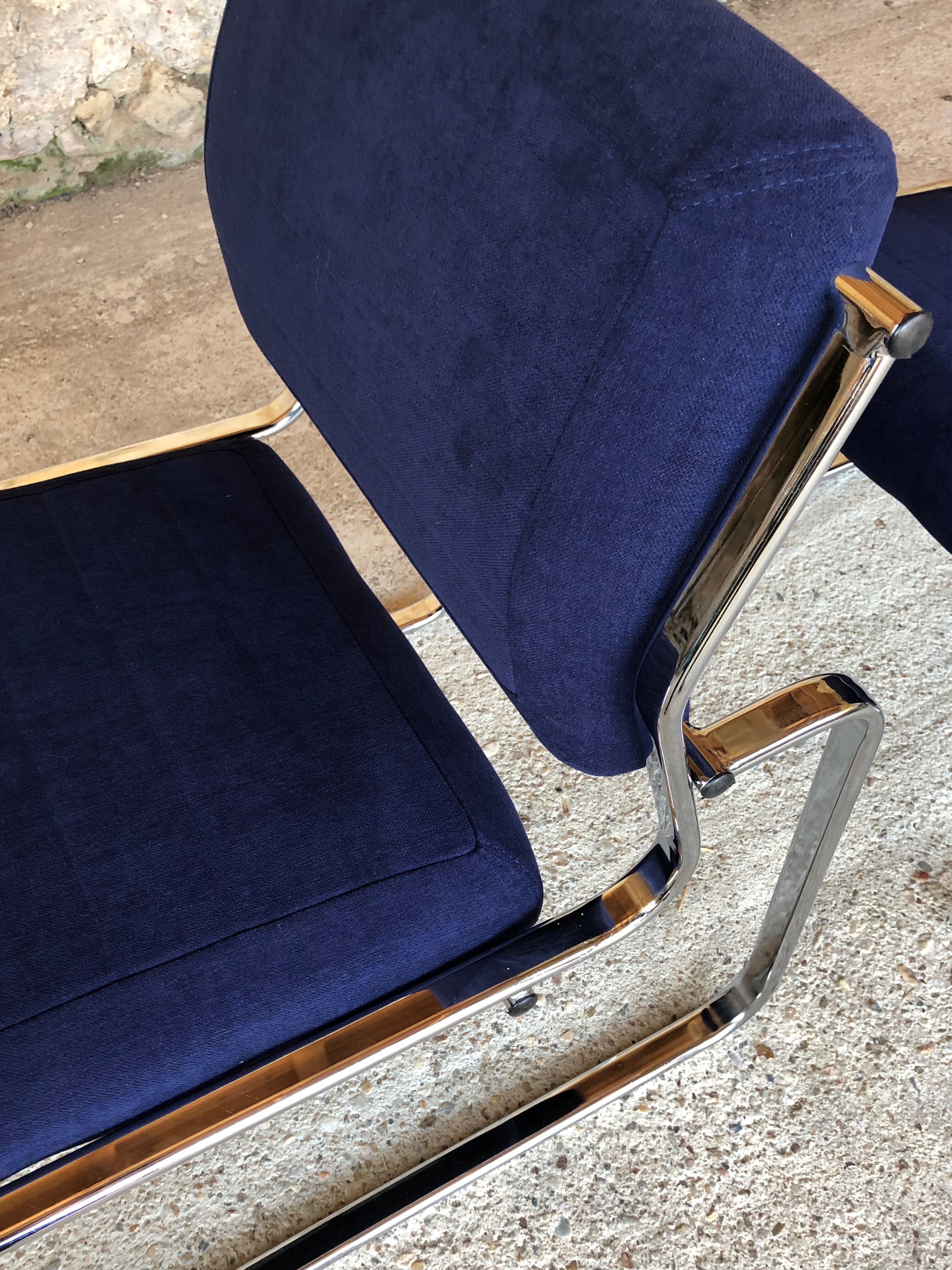 Pair of vintage chrome and blue microfibre armchairs circa 70