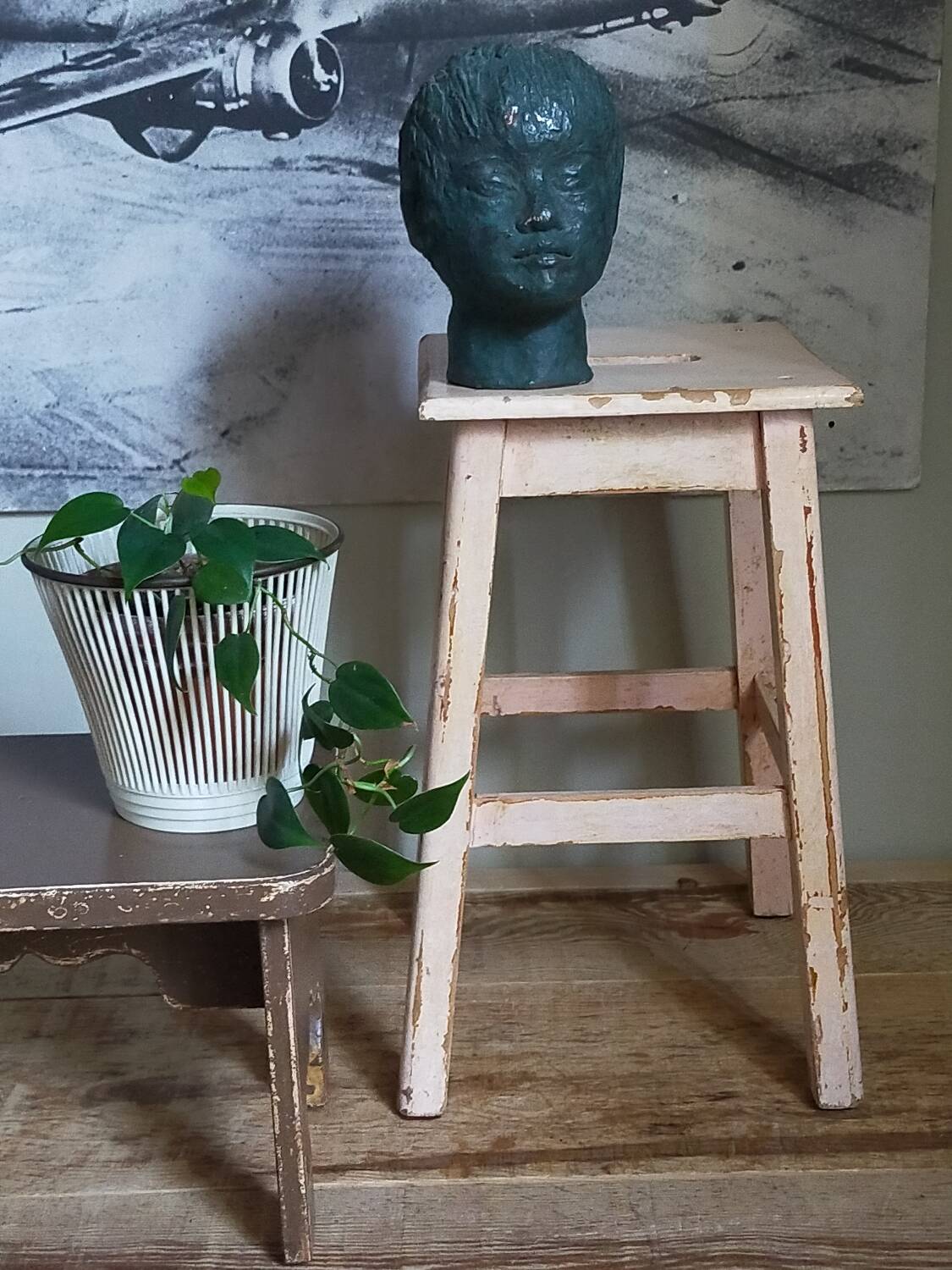 Antique workshop stool in patinated solid wood