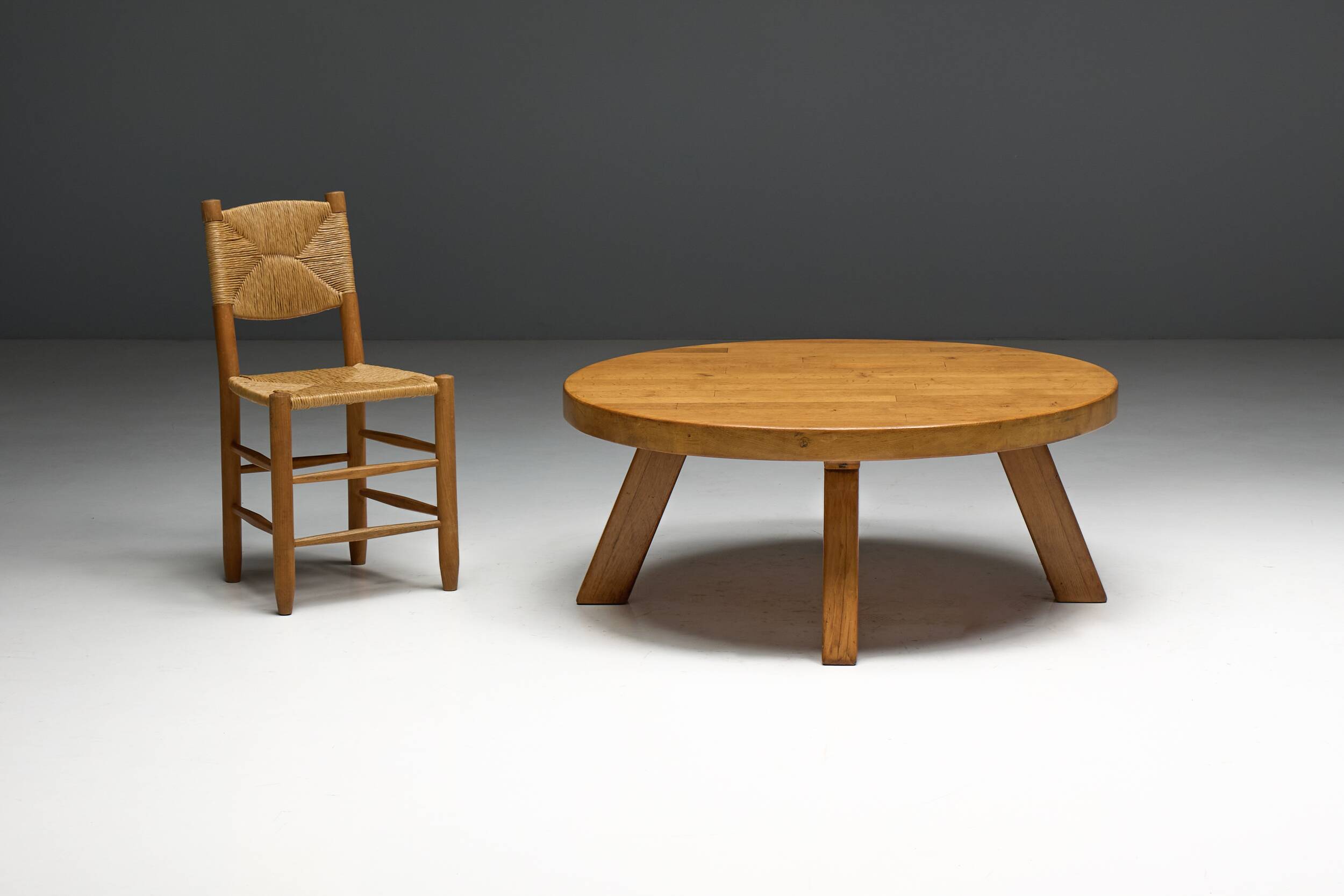 Brutalist Round Coffee Table in Solid Wood, France, 1960s