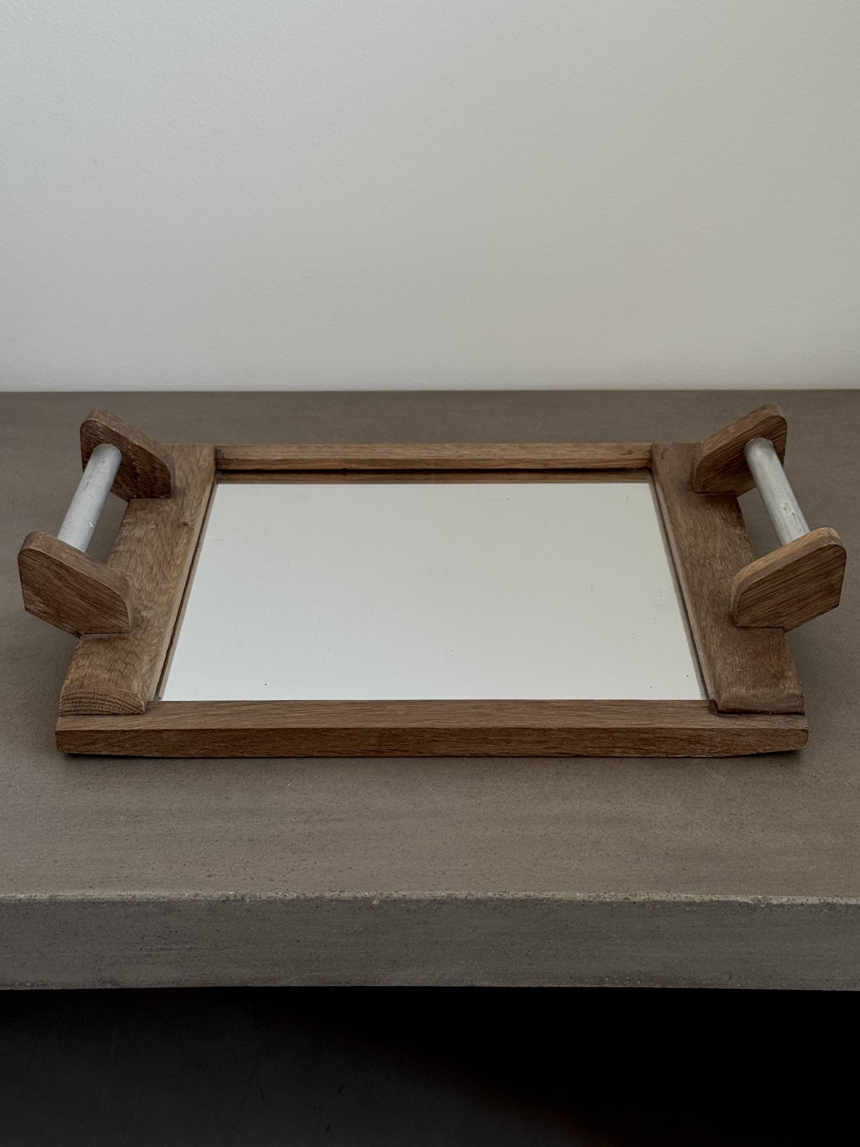 Artisanal Vintage Wooden and Metal Mirror Plateau - Brutalist Design