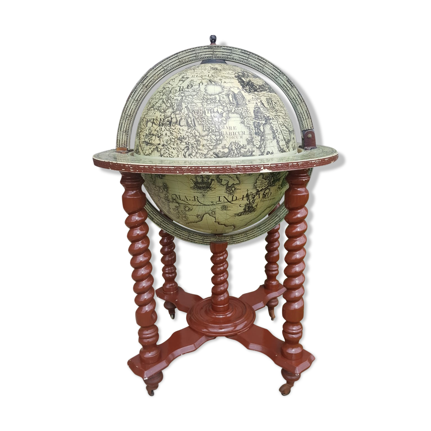 Former Bar Mappemonde Structure Wood Torsadé - Globe Metal Turning Vintage