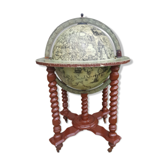 Former Bar Mappemonde Structure Wood Torsadé - Globe Metal Turning Vintage