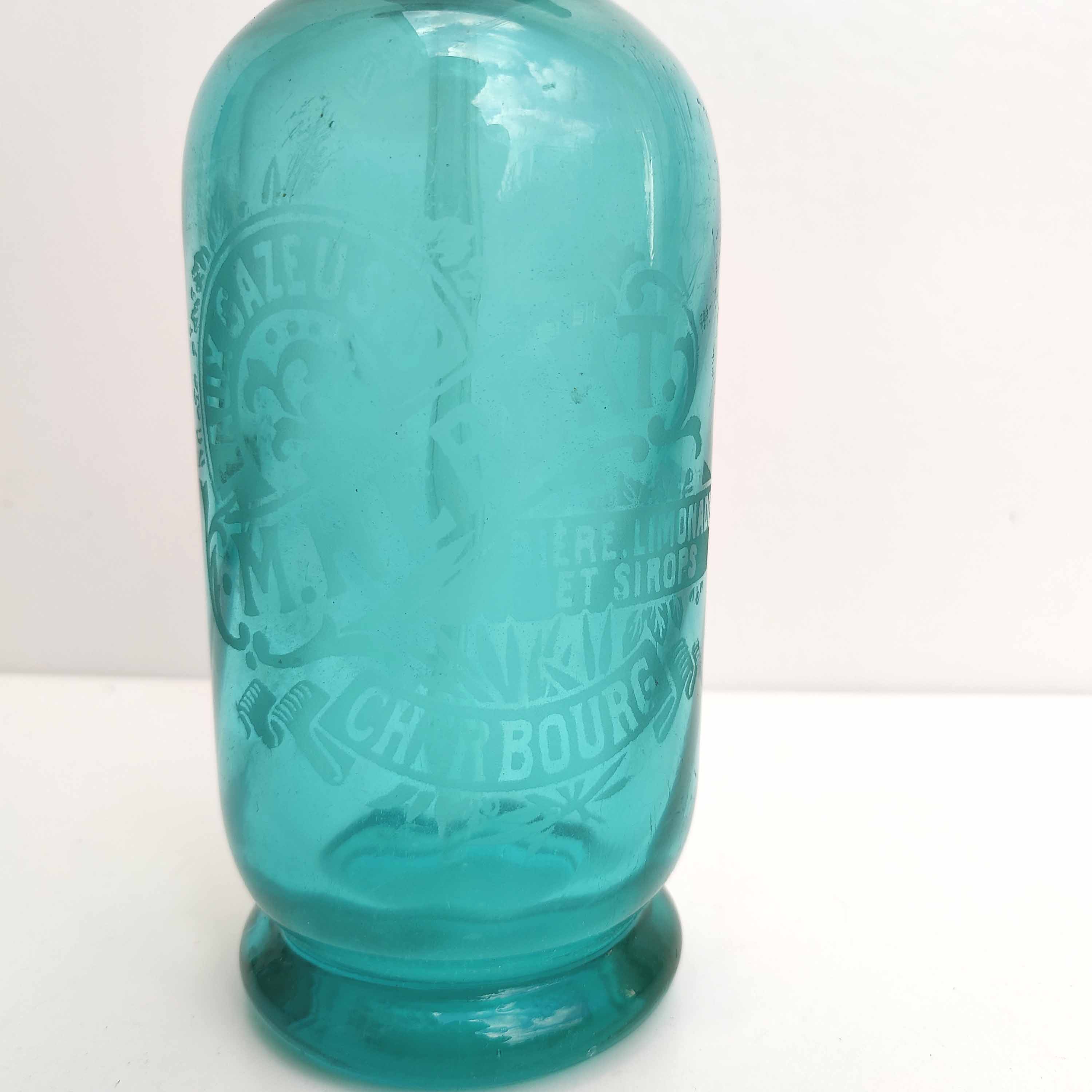 Siphon bistrot vintage Cherbourg verre turquoise 1935
