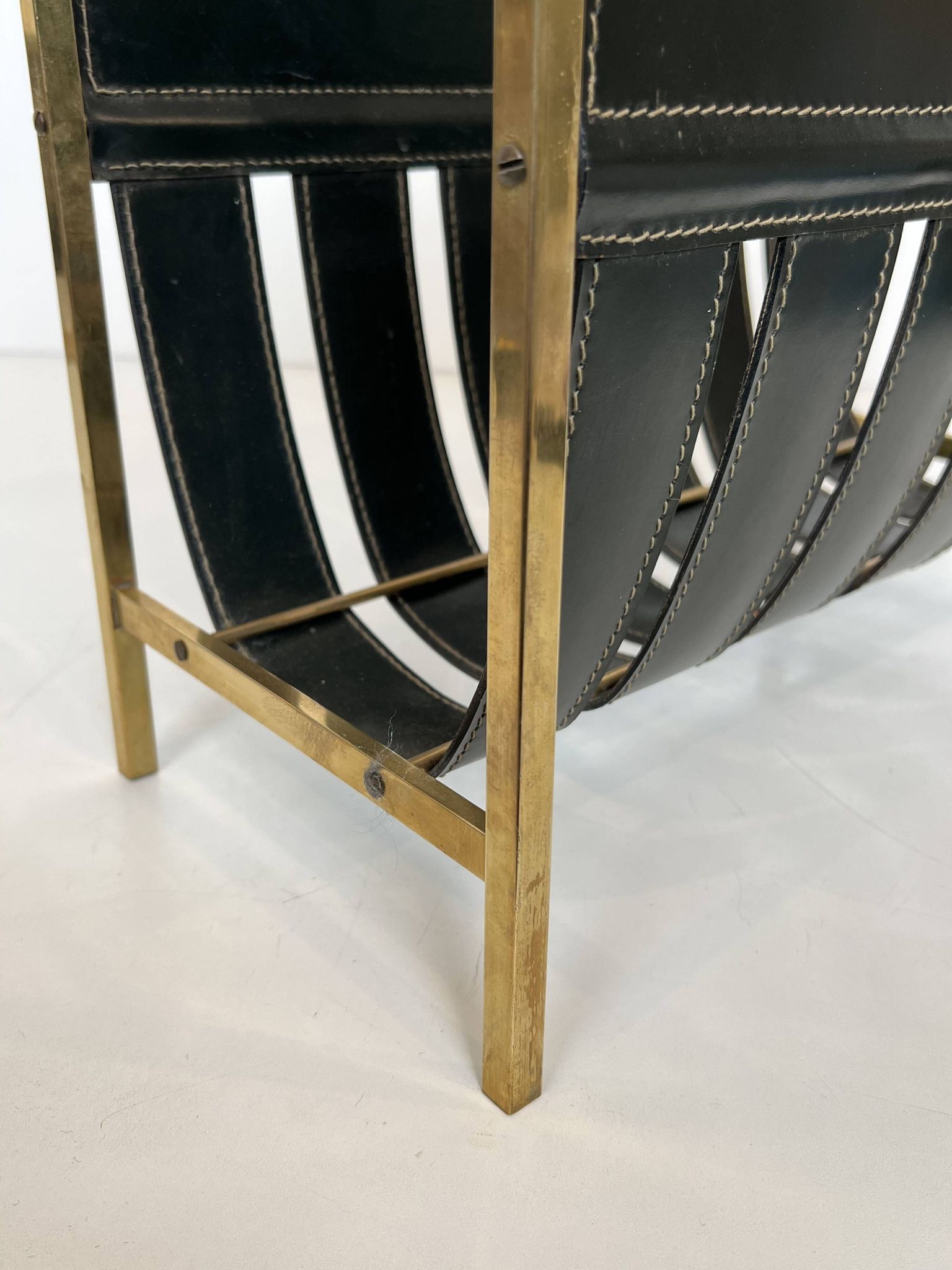 Black Leather Quilted Magazine Holder with Brass Loop Handle. Work