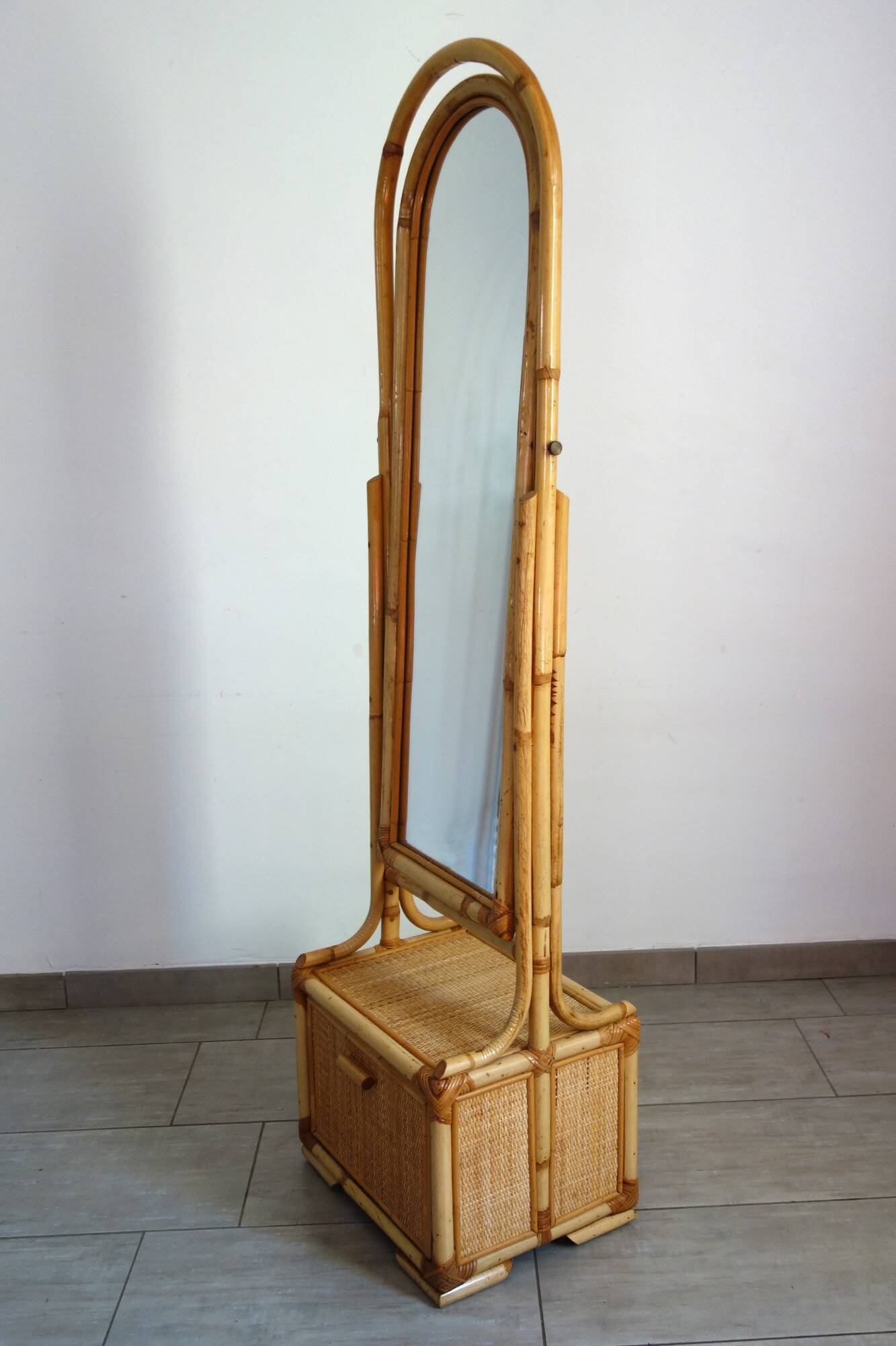 Woven wicker and bamboo full-length mirror, 70s/80s.