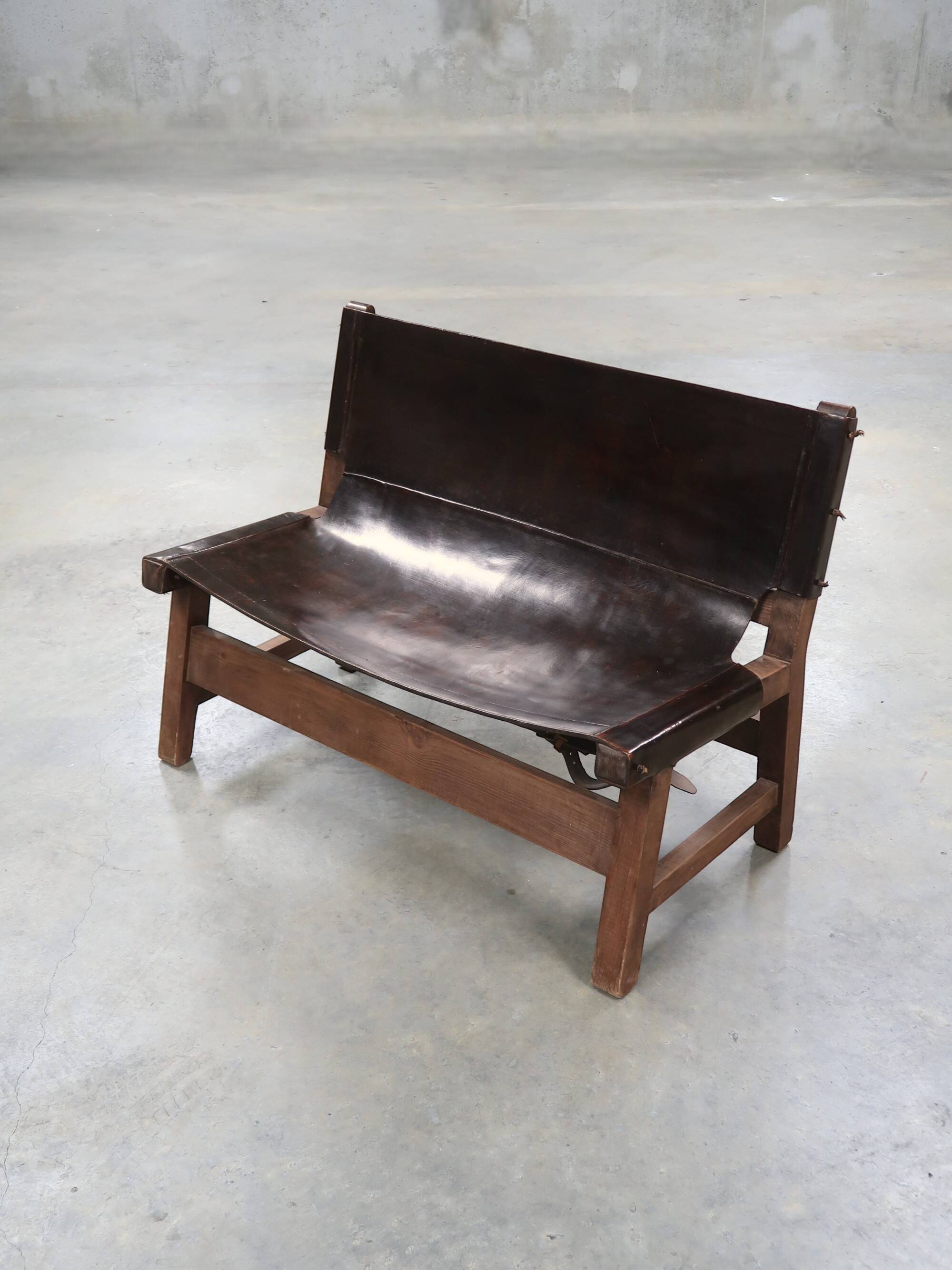 20th century leather and wood bench
