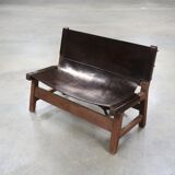 20th century leather and wood bench